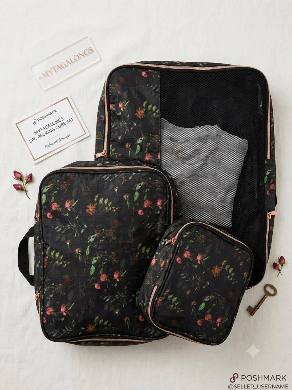 Mytagalongs travel Floral Packing Cube Set Black rose Print mesh